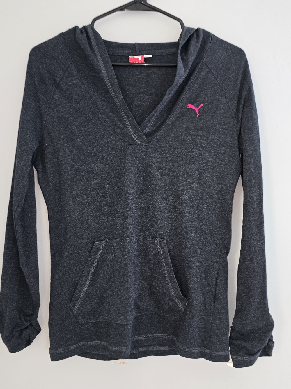 Puma Women's Charcoal V-Neck Hoodie with Pink Logo